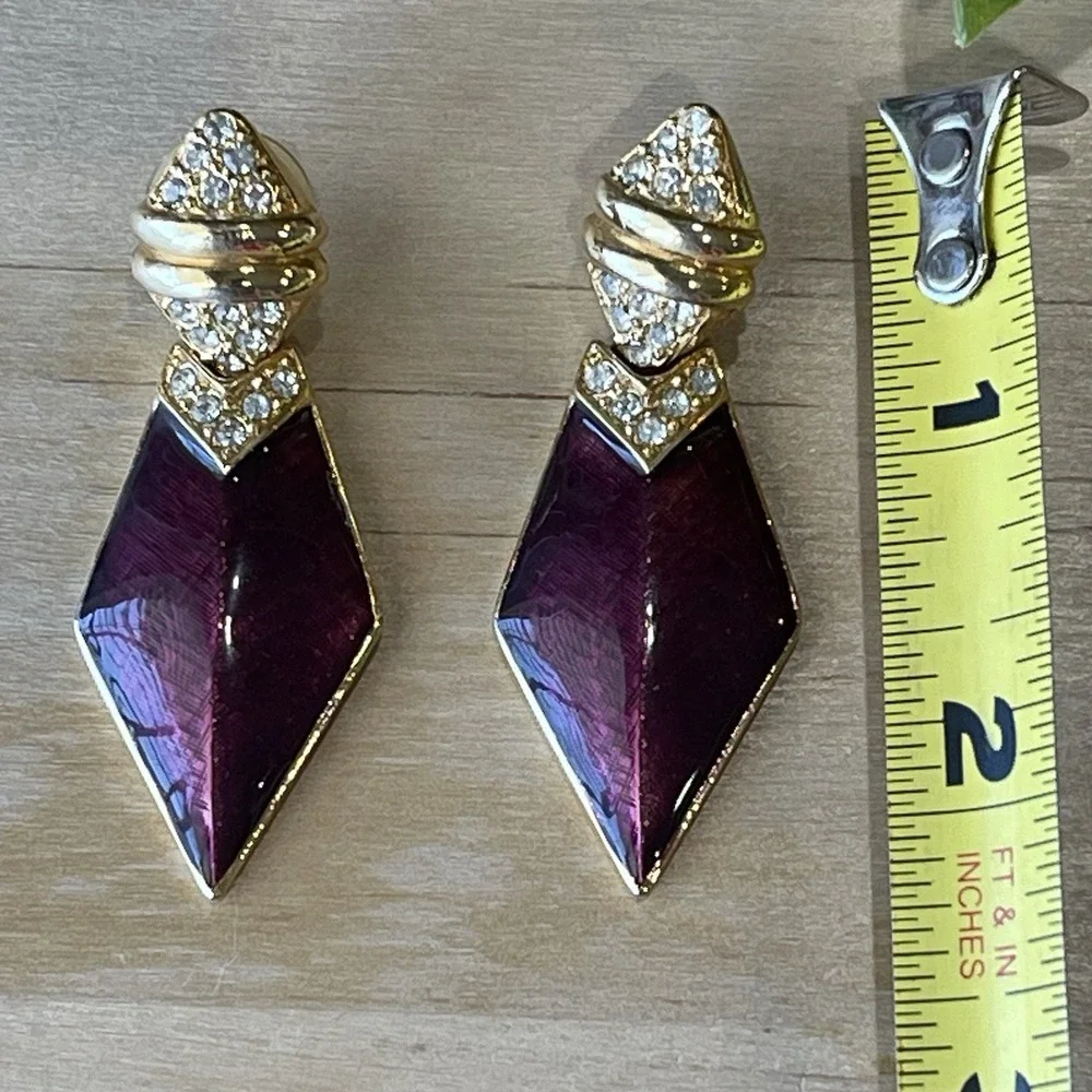 Vintage 80-90s Purple Enamel Geometric Kite Dangle Earrings Gold Tone Rhinestone